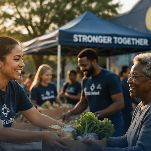 Community Volunteers handing groceries to a neighbor at a food drive